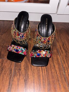 Azalea Wang Black Beaded Fringe Slide Mules - Multicolor Embellishment